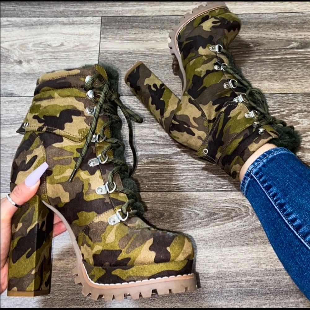 Liliana Camo Faux Fur Vamp Chunky Heel Lugg Bootie